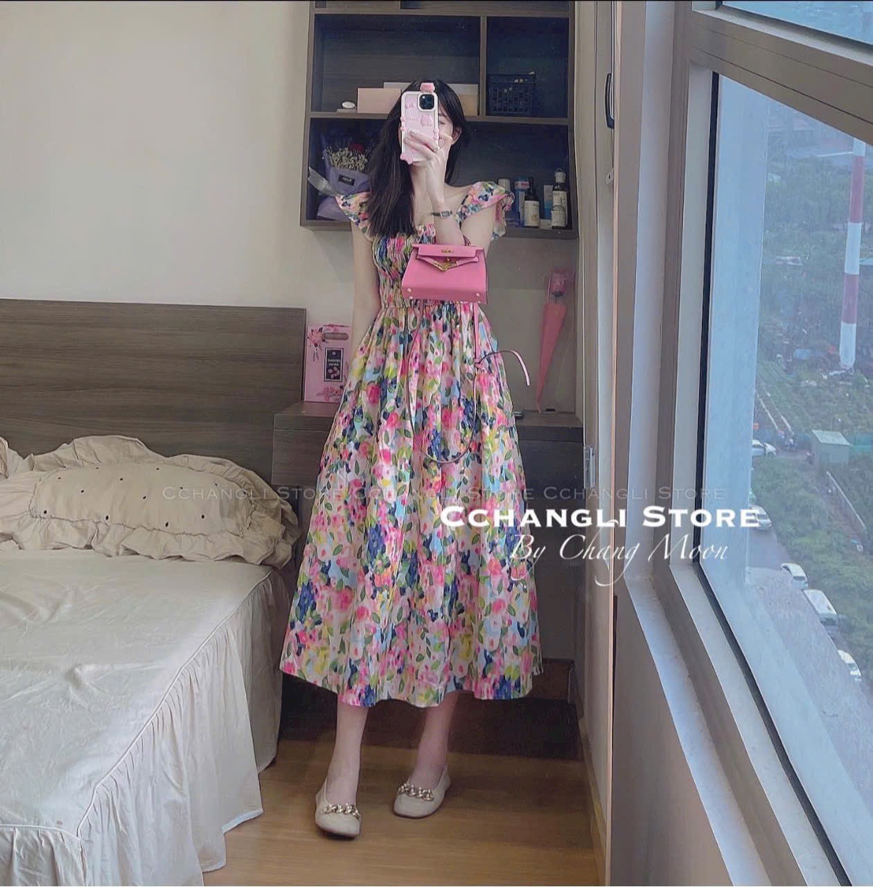 ĐẦM VOAN HOA MOKING THÂN TRƯỚC THÂN SAU MÀU Y HÌNH