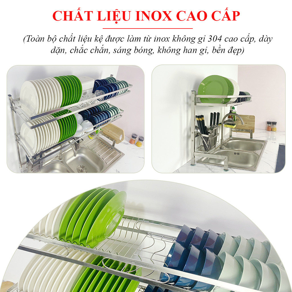 Kệ chén bát đa năng Foodcomkích thước 86 cm 2 tầng dùng cho bồn đơn bằng inox cao cấp không gỉ, giá để bát trên bồn rửa ráo nước cho nhà bếp sạch sẽ