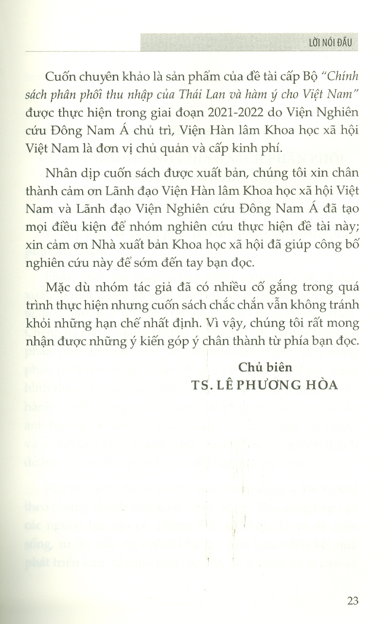 Chính Sách Phân Phối Thu Nhập Của Thái Lan Và Hàm Ý Cho Việt Nam (Sách chuyên khảo)