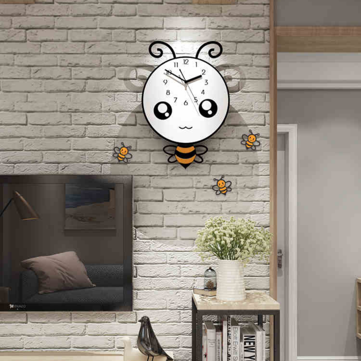 Đồng hồ trang trí hoạt hình dễ thương - KHÔNG CẦN KHOAN TƯỜNG - Tặng kèm 3 con ong nhỏ như hình, pin và kim thay thế