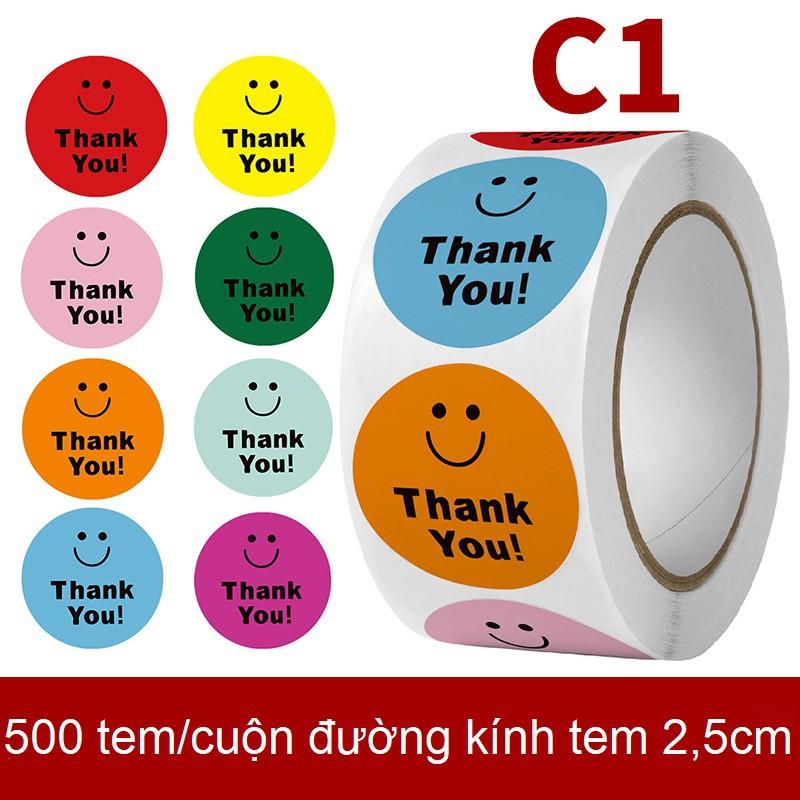 Cuộn 500 tem Sticker Thank you in hình mặt cười tự dính - Tem cảm ơn siêu dễ thương