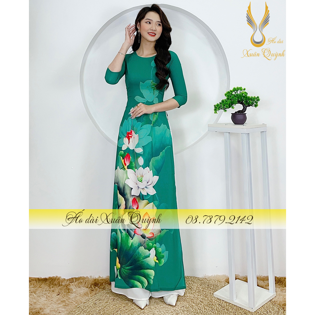 Áo Dài Xanh Ngọc Lục Bảo Sen Trắng, Duyên Dáng, Thanh Lịch Lụa Habutai Cao Cấp K100