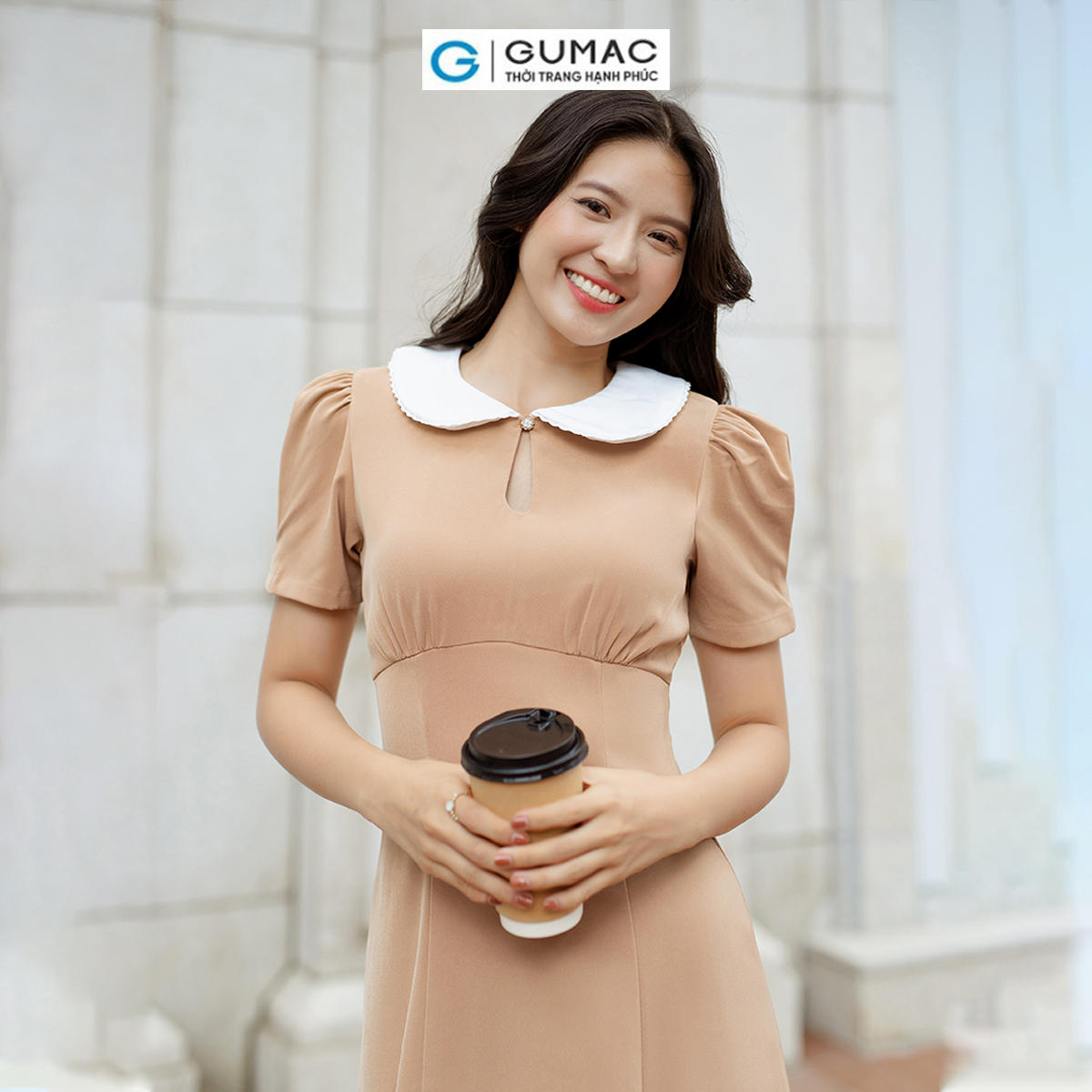 Đầm tay ngắn xếp ly phối bâu tròn thời trang GUMAC DD06057