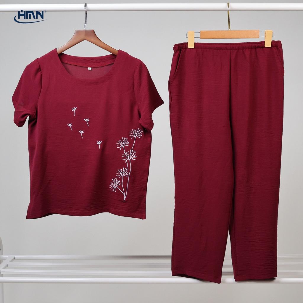 Set đồ bộ trung niên nữ áo thun tay ngắn thêu hoa Bồ công anh và quần Dàilửng vải đũi linen mềm mịn - HMN Fashion - Đỏ - Size L
