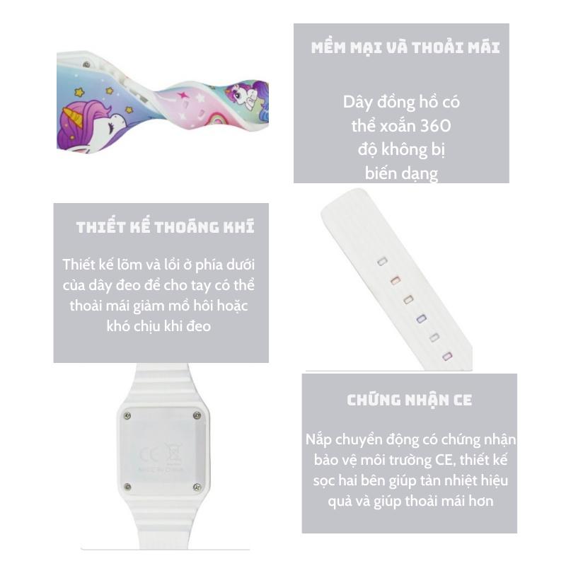 Đồng hồ trẻ em, đồng hồ Unicorn màn hình LED cho bé gái dây nhựa mềm dẻo cho bé từ 3 đến 14 tuổi Xu Xu Kids