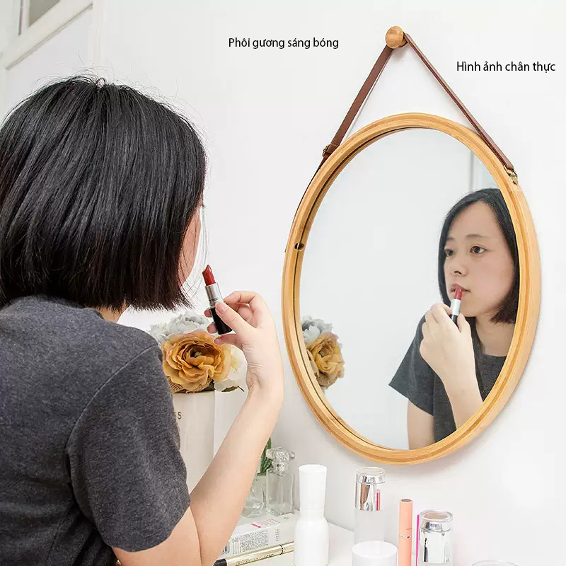 Gương tròn treo tường dây da