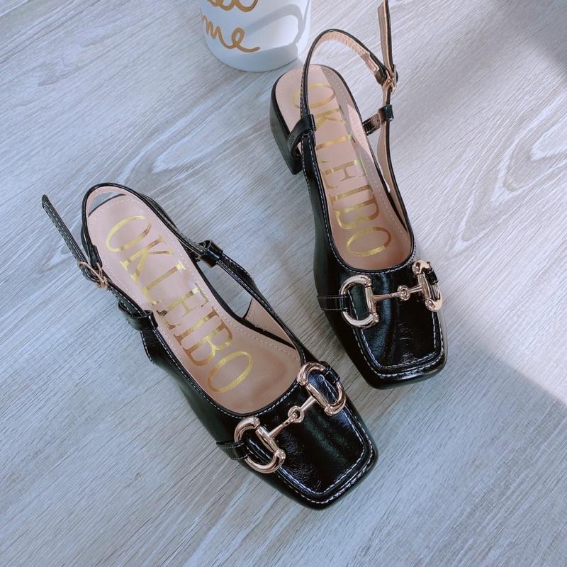 Giày cao gót 3p, giày cao gót mũi vuông khóa OKLEIBO gót vuông 3cm màu đen và trắng size 35 đến 39