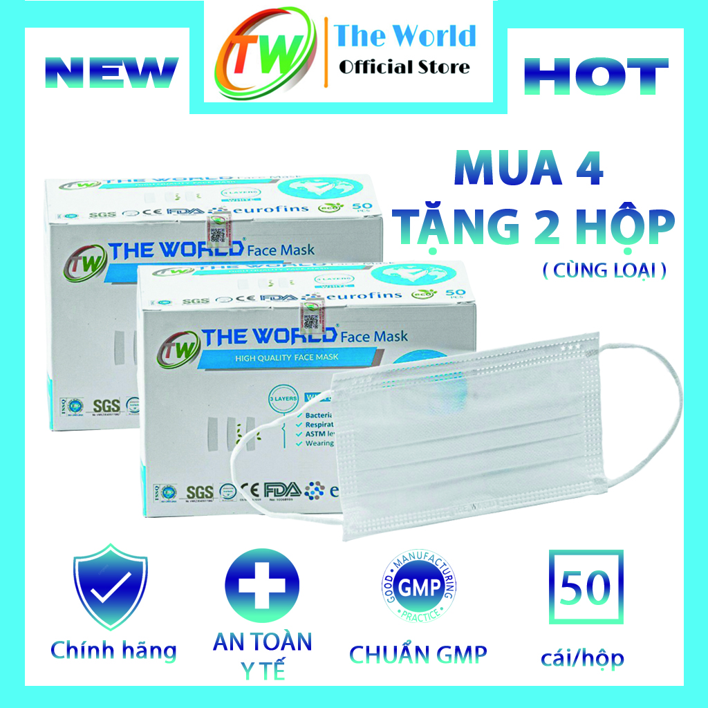 [ Combo mua 4 hộp tặng 2 hộp] [HỘP-50 CÁI] Khẩu trang y tế 3 lớp The World kháng khuẩn, bụi mịn chất lượng - Hàng Chính Hãng The World