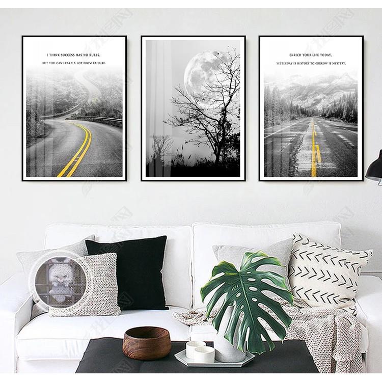 Bộ 3 tranh canvas con đường màu xám và vàng, tranh phong cảnh trên đường, du lịch ADH00721