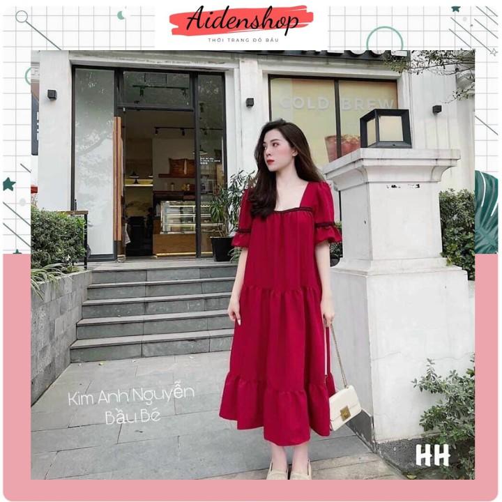 Váy bầu xinh thời trang thiết kế dáng suông cổ vuông Aidenshop màu đỏ maternity dress