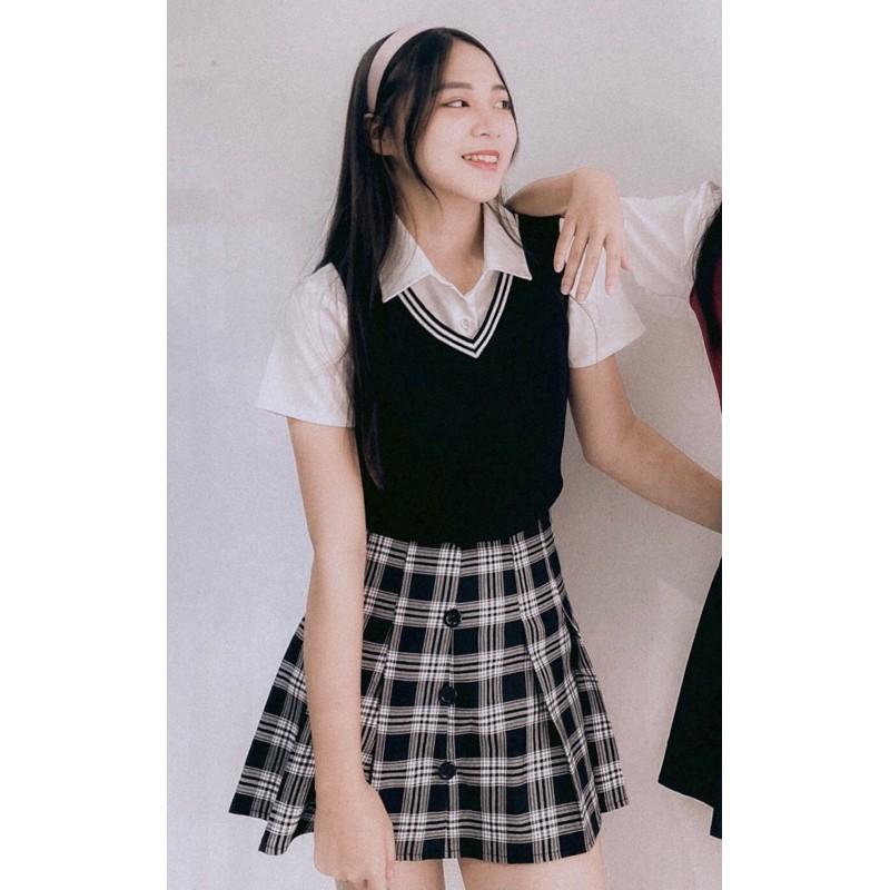 SET áo gile, áo sơ mi croptop và chân váy tennis có size