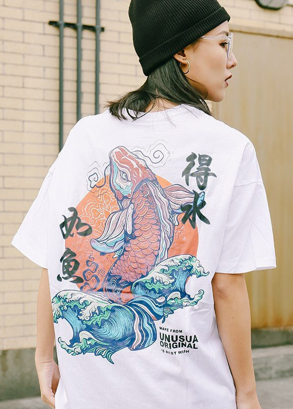 Áo thun nam nữ Hip Hop Retro Trung Quốc in Cá Koi Áo phông trắng