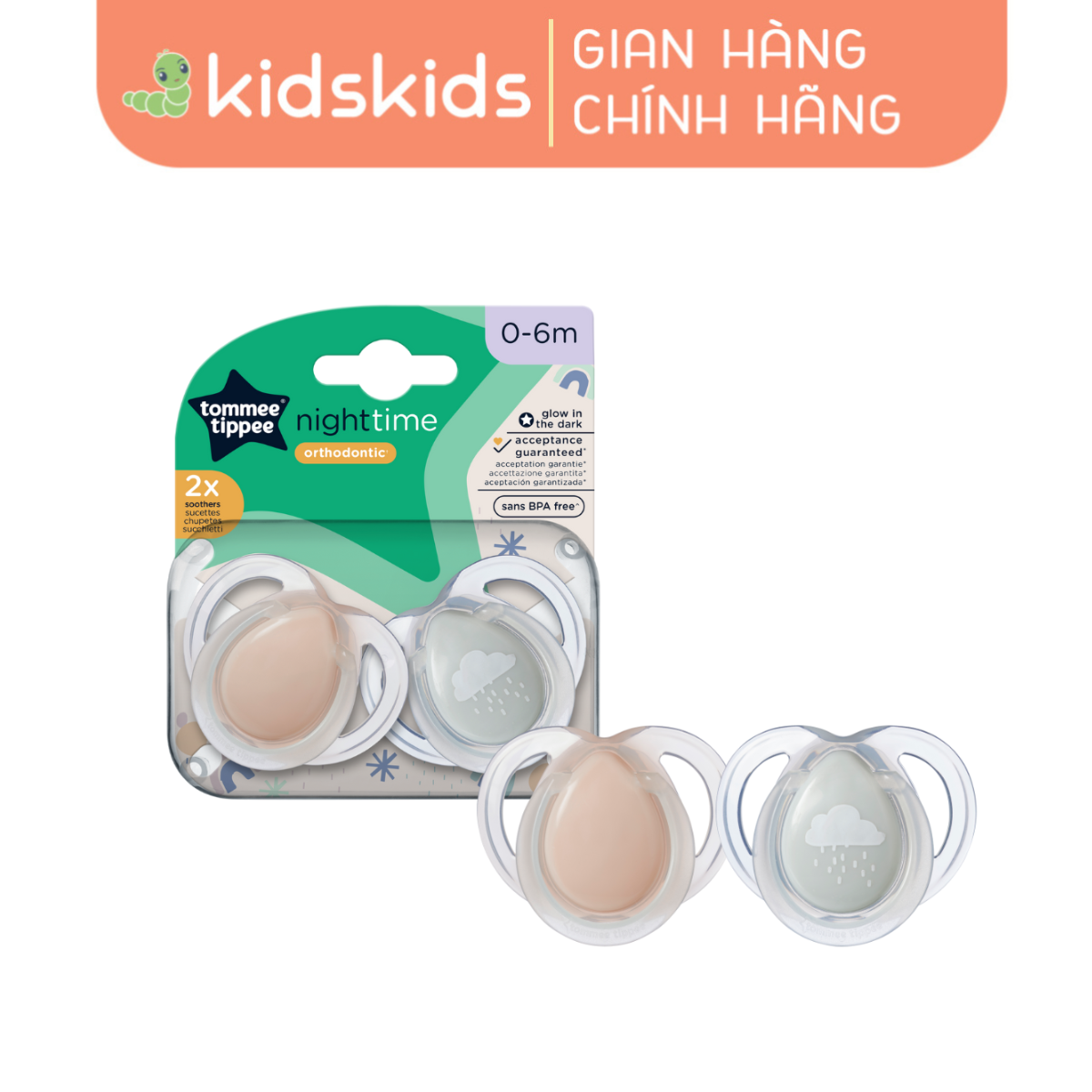 Ty Ngậm Dạ Quang Cho Bé Tommee Tippee 0-6 Tháng (Vỉ Đôi) - Night Time – Mưa Xám