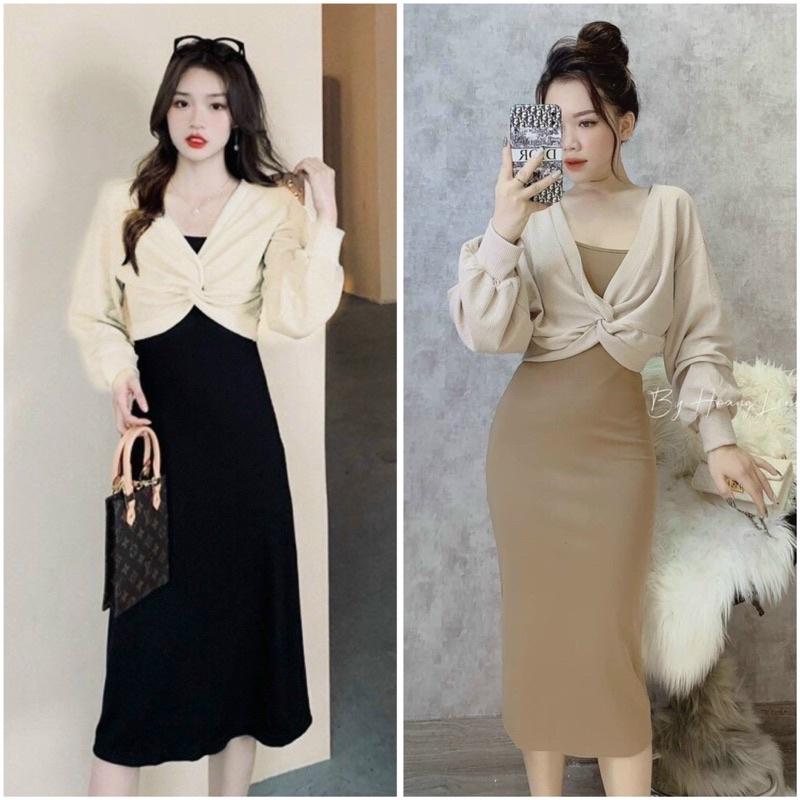 Set Đầm 2 Dây Kèm Áo Xoắn Ngực - Kèm Hình Thật