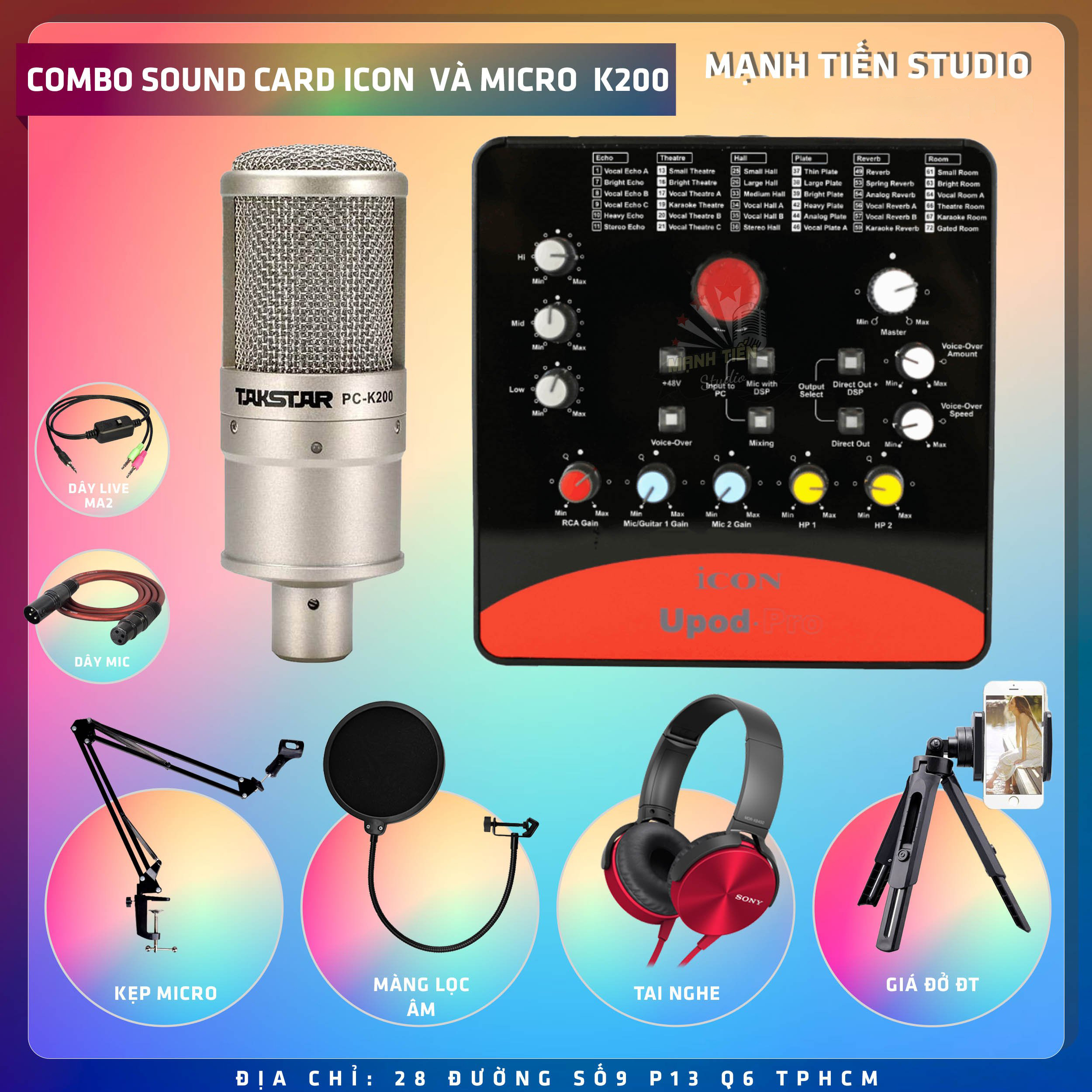 Combo thu âm, livestream Micro TakStar PC-k200, Sound card Icon Upod Pro - Kèm full phụ kiện kẹp micro, màng lọc, tai nghe, giá đỡ ĐT, dây canon, dây ma2 - Hỗ trợ thu âm, karaoke online chuyên nghiệp - Hàng chính hãng