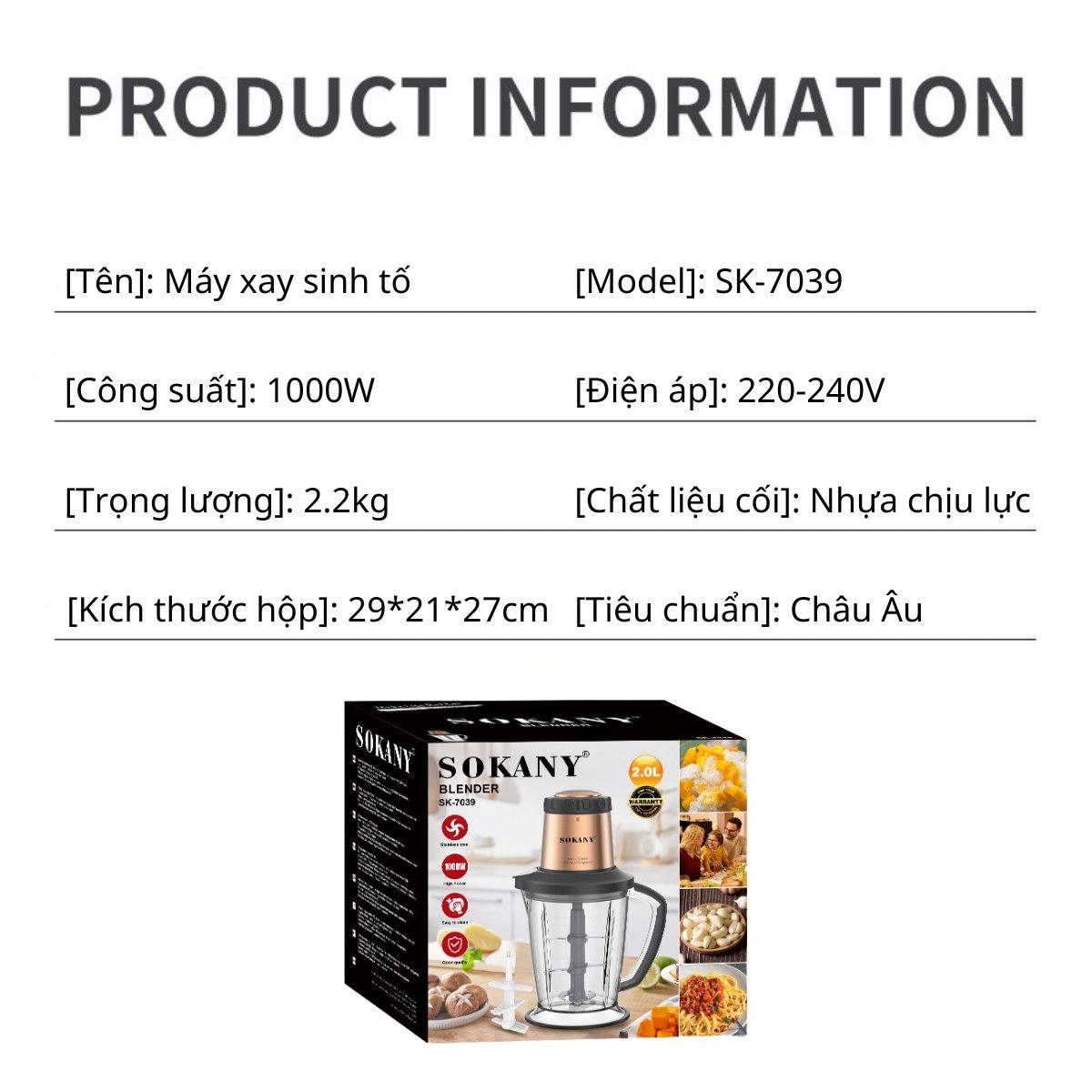 Máy xay sinh tố đa năng công suất cao 1000W xay đá viên dễ dàng SOKANY SK-7039 - HÀNG CHÍNH HÃNG - DELIYA