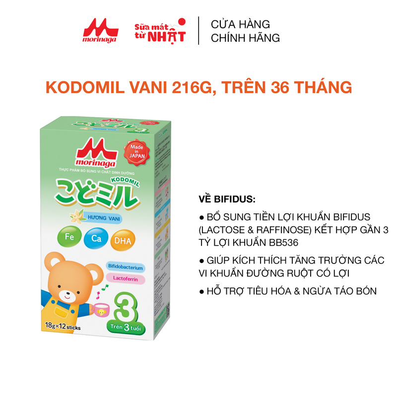 Sữa Morinaga số 3 Kodomil 216g cho bé từ 3 tuổi hương dâu, hương vani (Không tem đổi quà