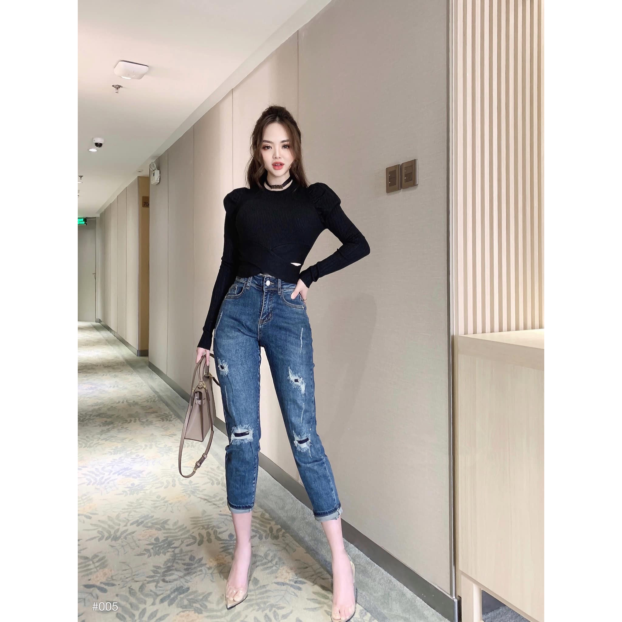 Quần jean nữ dài 9 tấc dành cho BIGSIZE lưng cao, tua lai, rách kiểu vá đăp co dãn mạnh 36722