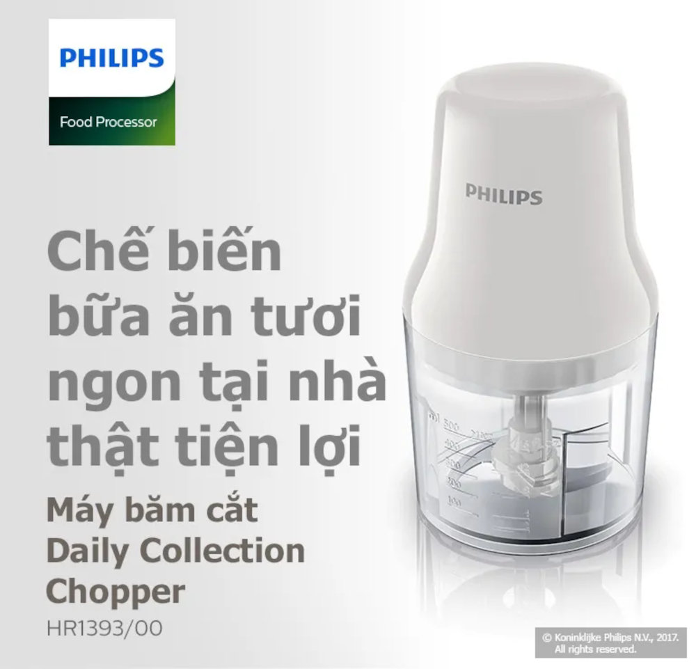 Máy xay thịt mini cầm tay PHILIPS HR1393/00 dung tích 0.7L công suất 450W - Xay ăn dặm, xay cháo cho bé- Hàng Chính Hãng