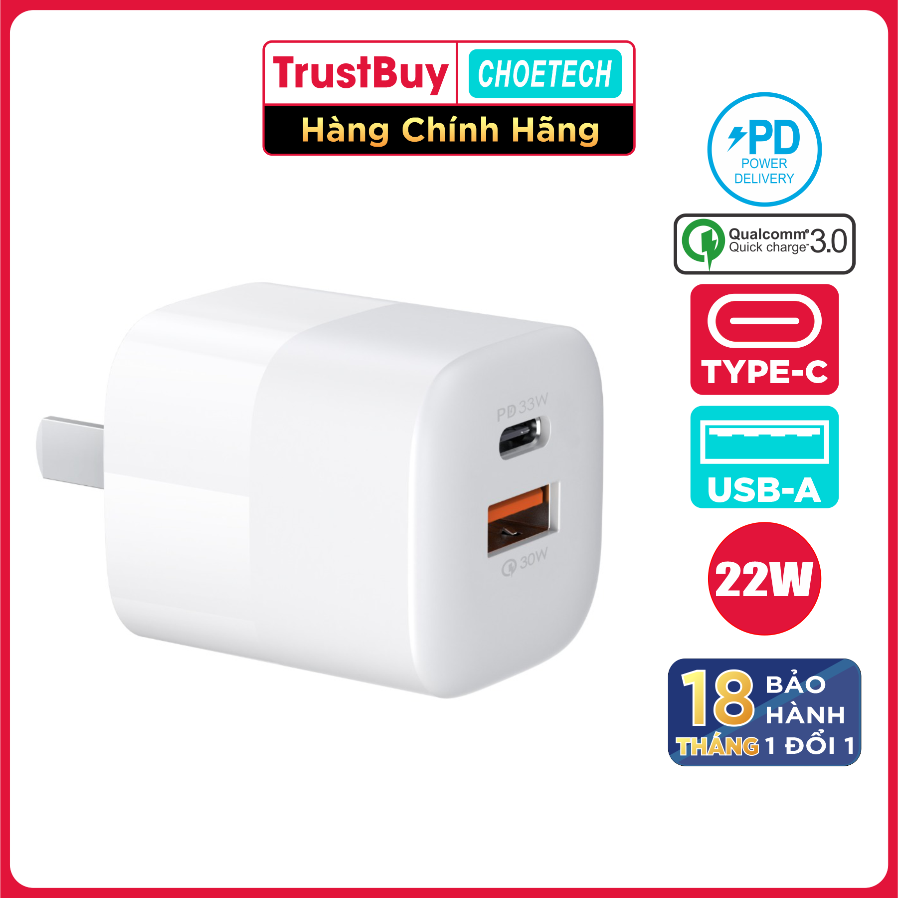 Adapter Củ Sạc 33W PPS/ PD 30W / QC 3.0 1 Cổng Type C 1 Cổng USB Nhỏ Gọn CHOETECH PD5006 Sạc Nhanh iPhone, iPad, Samsung - Hàng Chính Hãng