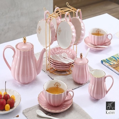 Bộ trà gốm sứ cao cấp nhập khẩu 21 món màu hồng PUMPKIN 5561