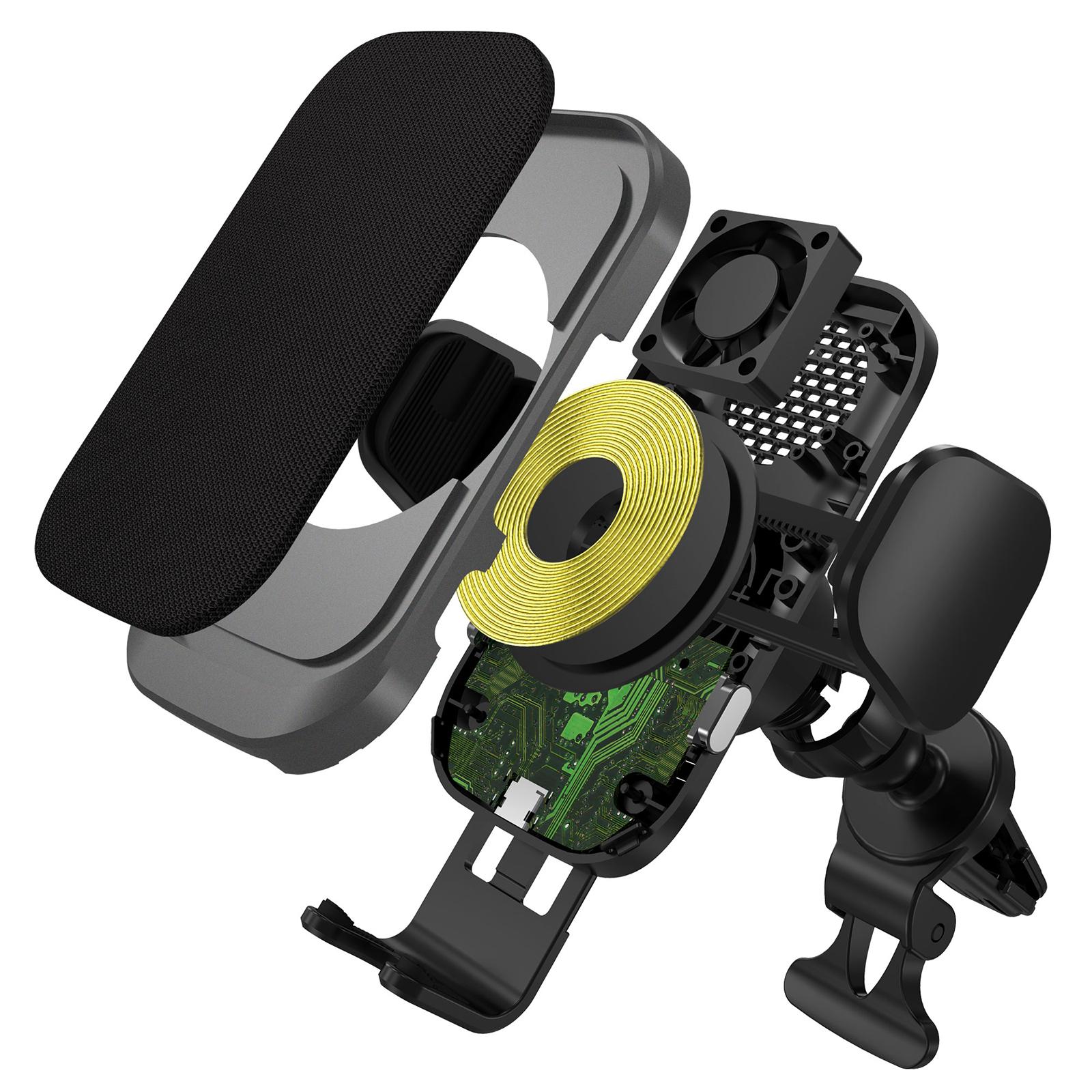 15W Wireless Car Charger Phone Holder, Built-in Cooling Fan Fast Qi Automatic Clamping Charging Air Vent Dashboard Mount Phone Stand