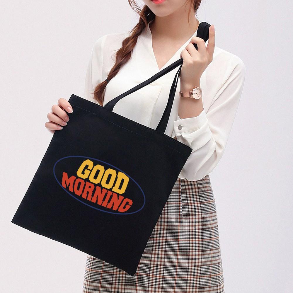 Túi Tote Vải Canvas Ginko kiểu basic có dây kéo khóa miệng túi đựng vừa laptop 14 inch và nhiều đồ dùng khác Phong Cách ulzzang Hàn Quốc In Hinh Good Morning B25
