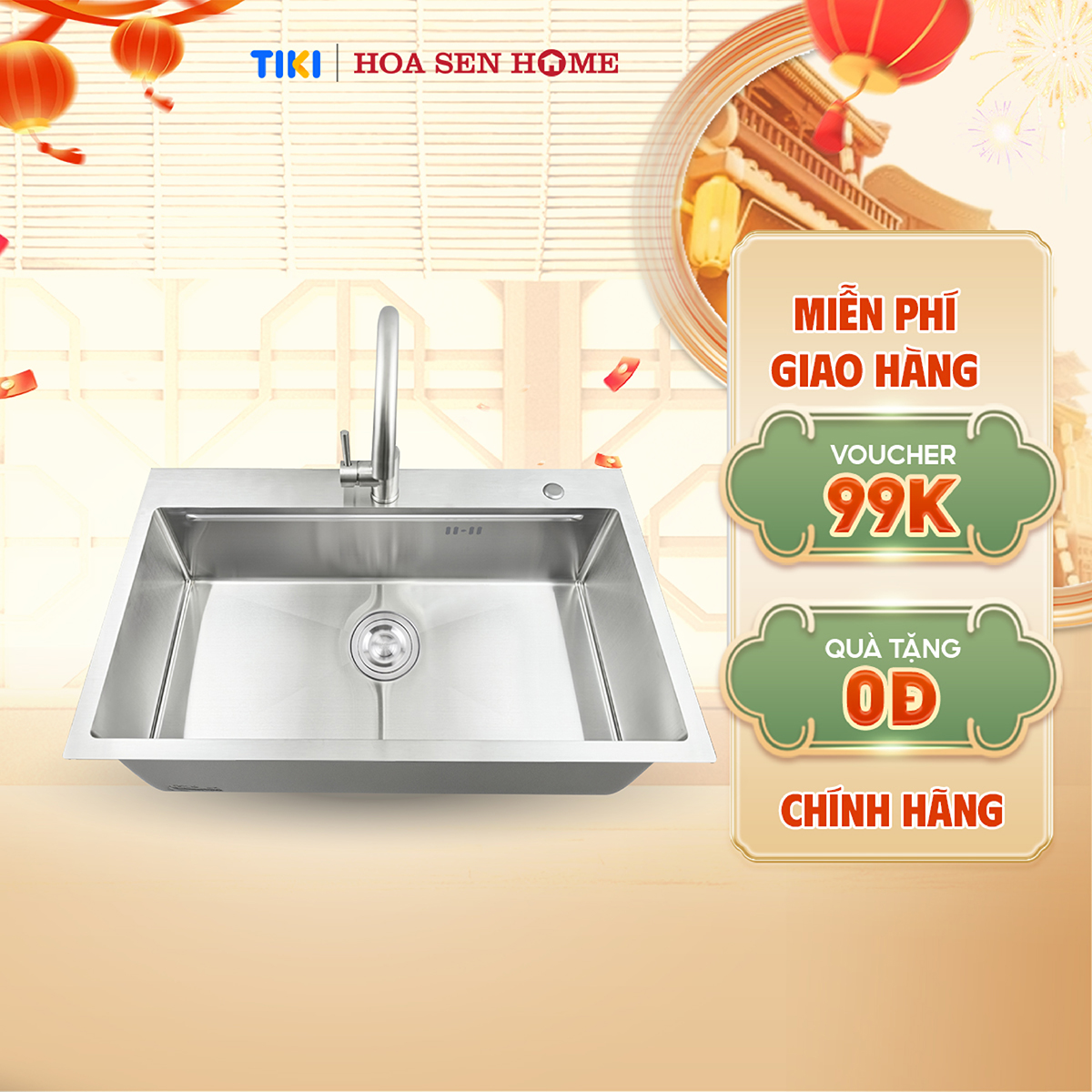 Bộ chậu rửa chén INOX 304 LUSHINE D004 công nghệ tạo hình thủ công, bề mặt mài xước láng mịn, chống xước bền bỉ - Hoa Sen Home - Hàng chính hãng