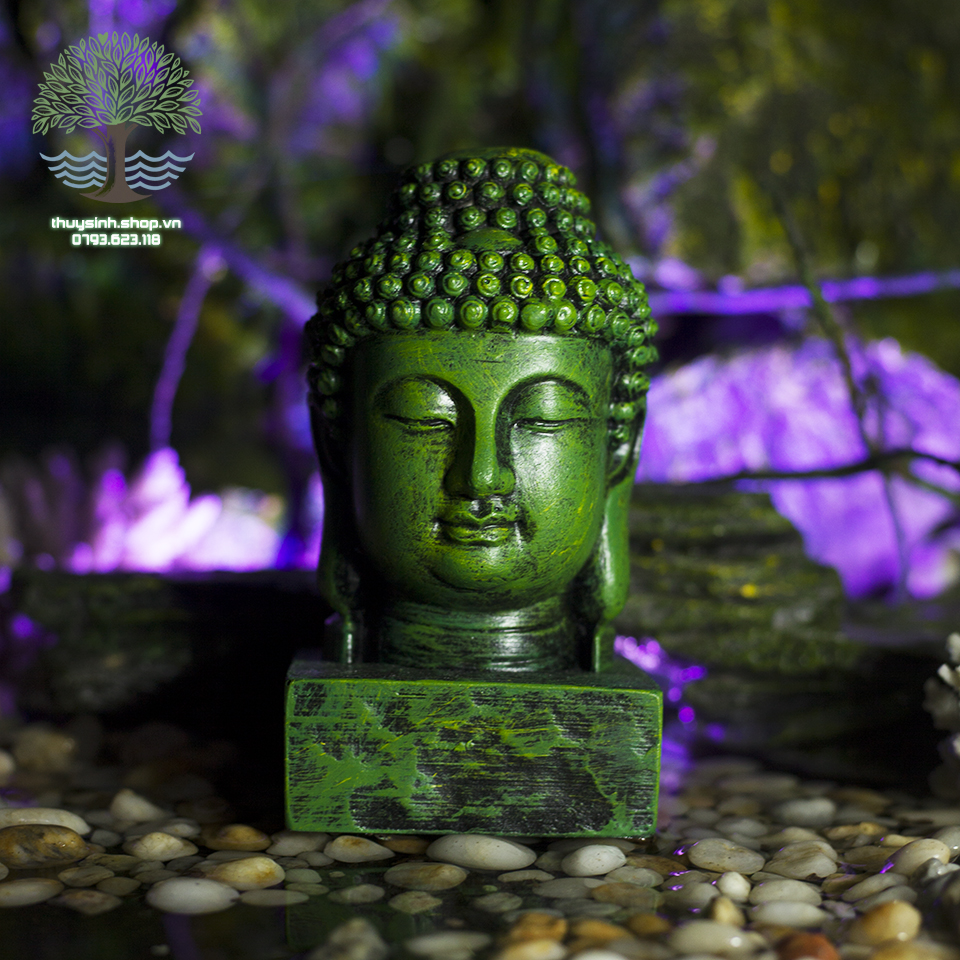 Diện Phật Thích Ca màu xanh rêu cao 15cm trang trí hồ cá, thuỷ sinh, tiểu cảnh, bán cạn, terrarium