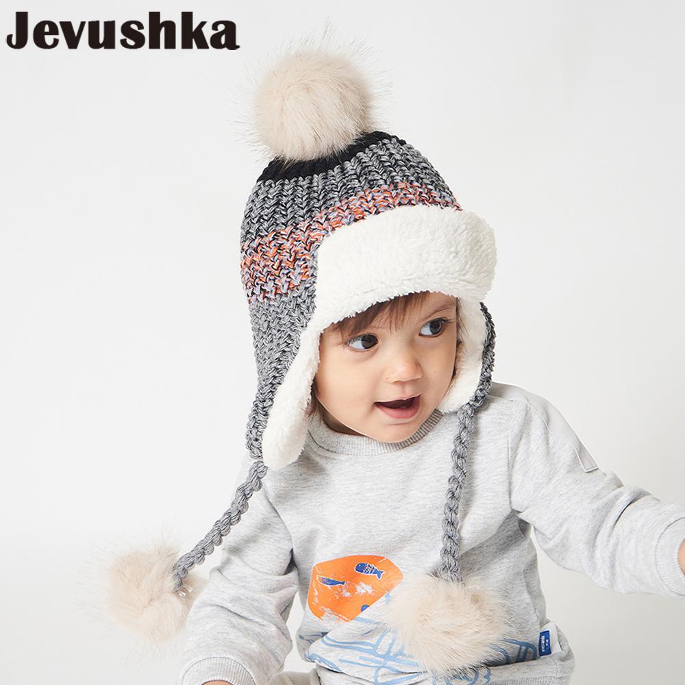 Cho Bé Mùa Đông Pompom Mũ Đan Trẻ Em Bò Cho Bé Trai Và Bé Gái Với Lót Nỉ Bomber Cho Trẻ