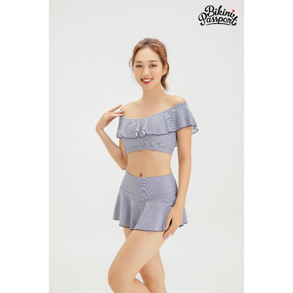 Đồ bơi Nữ BIKINI PASSPORT kiểu Hai mảnh váy, vai áo bèo - màu Kẻ xanh - BS299_KX