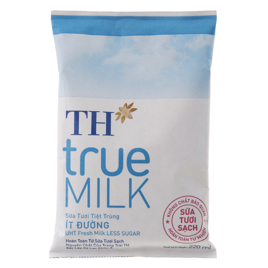 Thùng Sữa Tươi Tiệt Trùng Ít Đường TH True Milk (220ml x 48 Bịch)