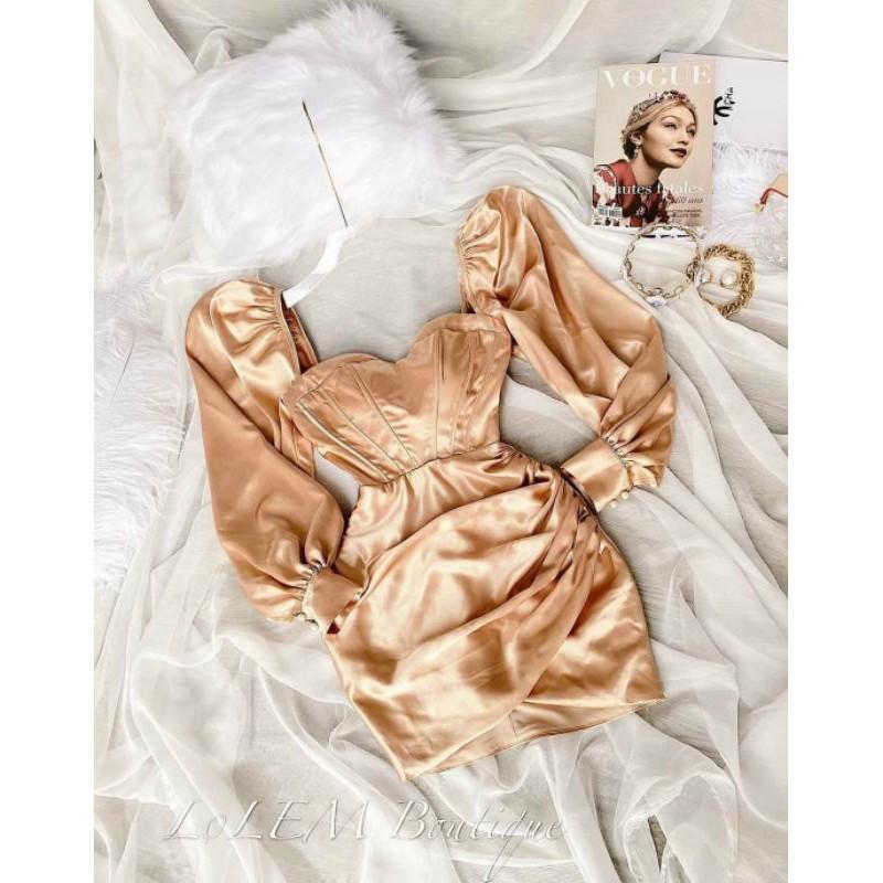 Đầm body cúp ngực tay phồng nhún sườn