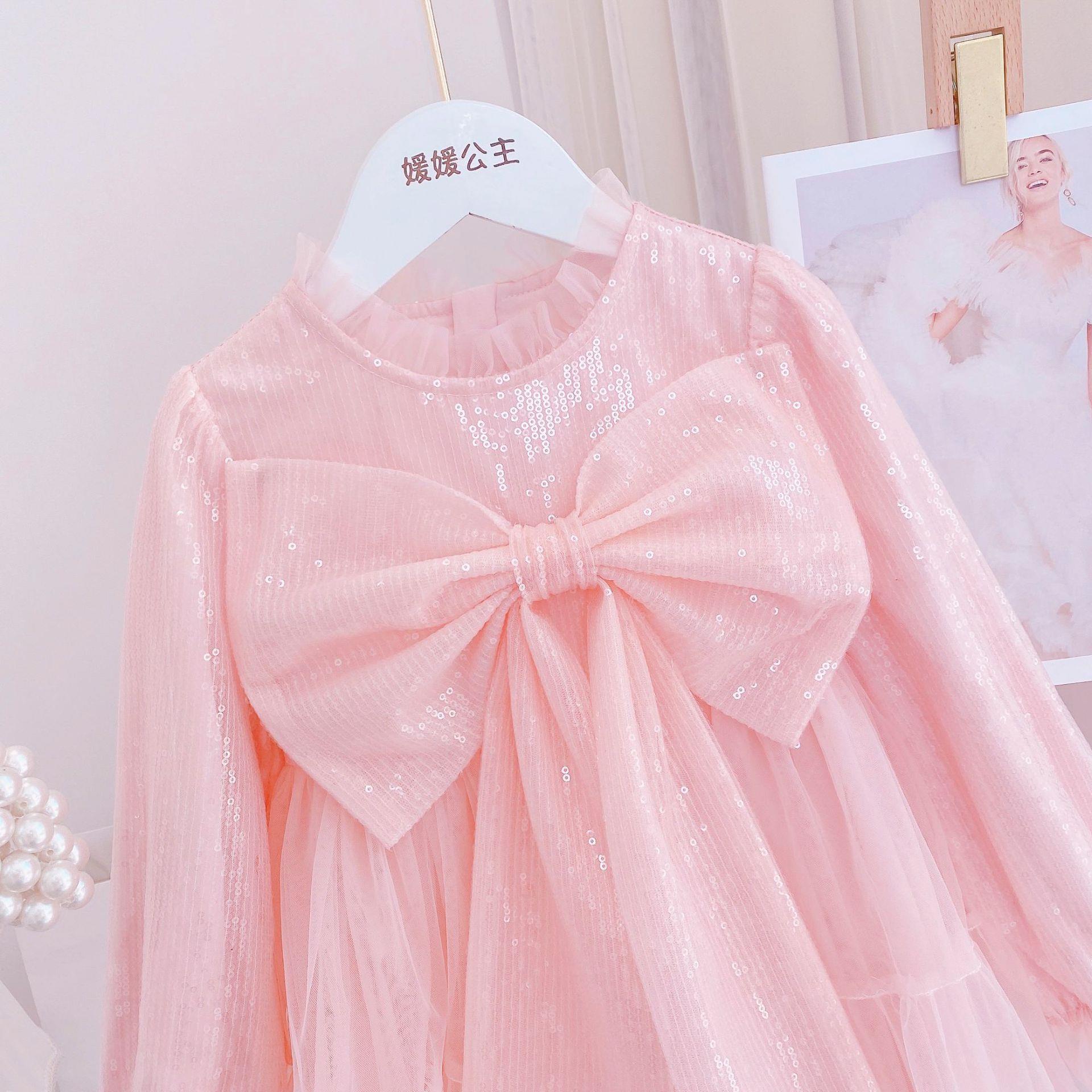 Váy bé gái dài tay công chúa kim tuyến cao cấp màu hồng VG018C