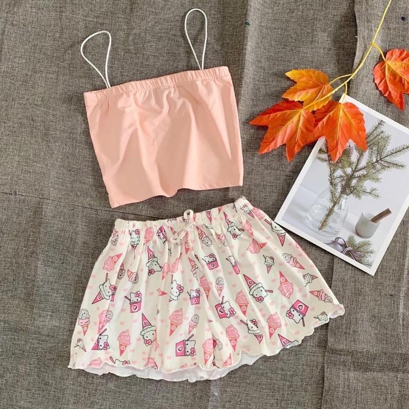 Quần short thun xòe nhiều hìn cạp chun, Quần ngủ vải cotton mịn mát co giãn