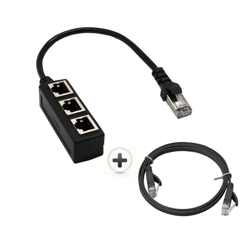 RJ45 Male to 3 Female Network Extender Cable Splitter + Cat 6 Cable Black
