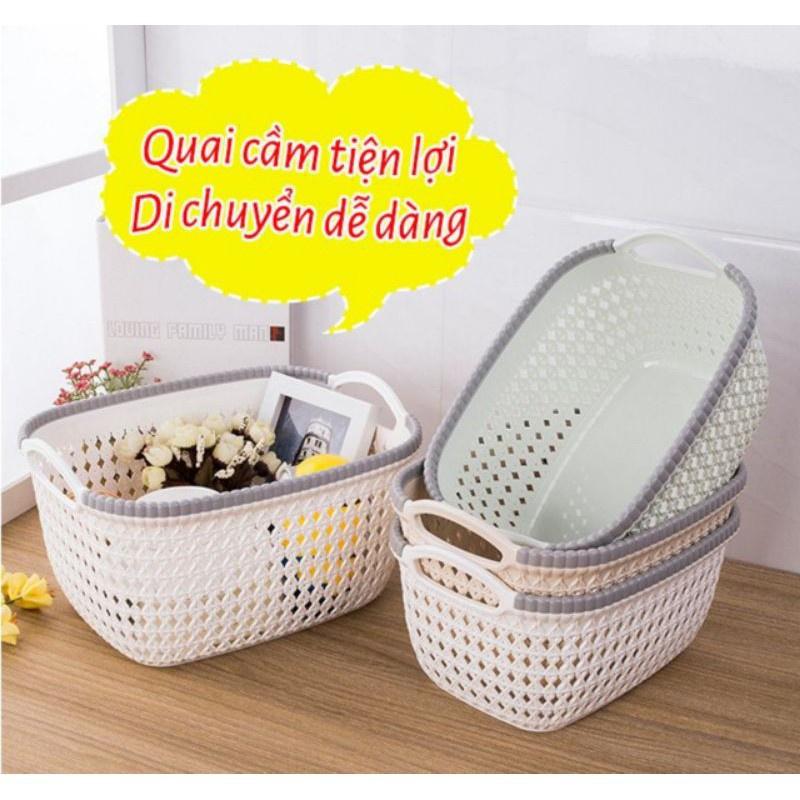 Giỏ nhựa đựng đồ đa năng Rổ nhựa chữ nhật giả đan mây Việt Nhật có quai xách