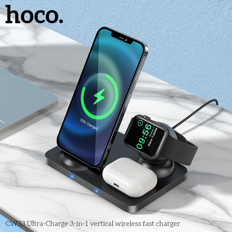 Đế sạc nhanh không dây PD 15W  Hoco CR33 - đế sạc 3 in 1 cho IP apple watch tai nghe - hàng chính hãng