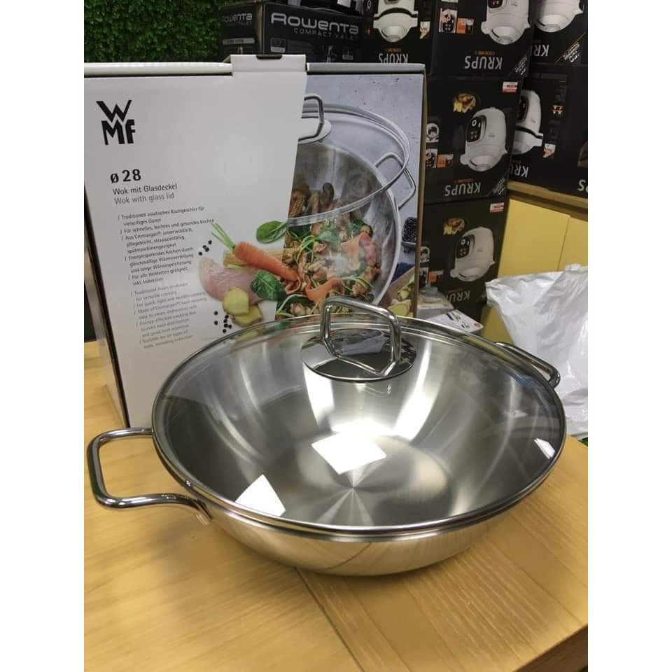 Chảo Sâu Lòng WMF Wok Party 28 cm, Chất Liệu Thép Không Gỉ, Nắp Kính Dày Dặn, Giữ Nhiệt Tốt, Tiết Kiệm Điện Năng, Nhập Khẩu Đức, Hàng Chính Hãng