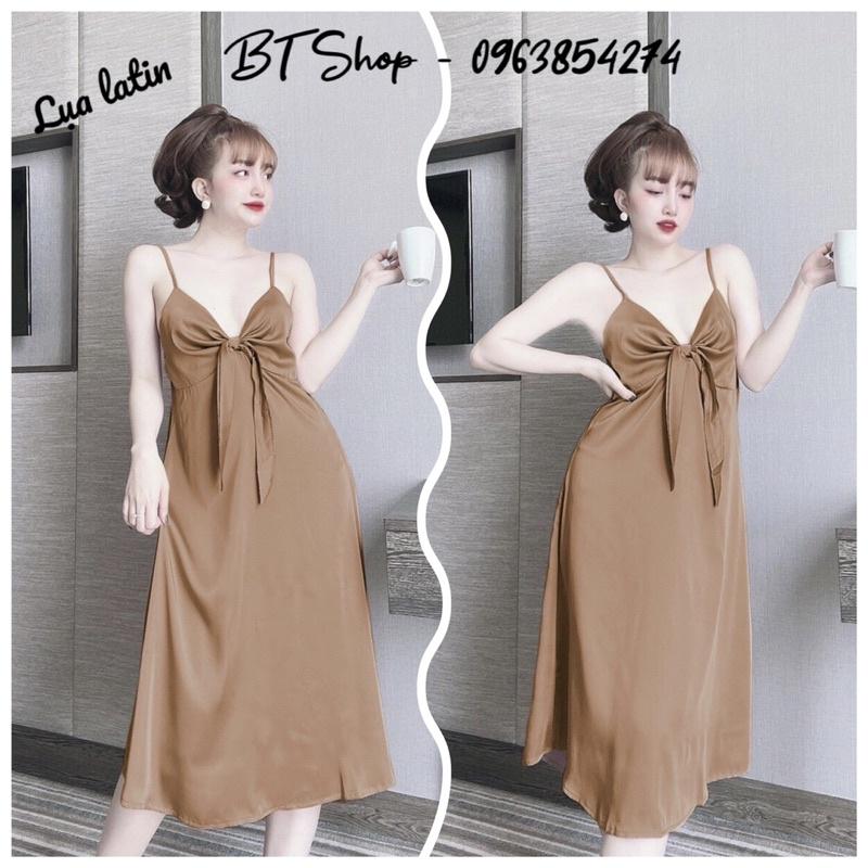 Đầm váy ngủ mặc nhà lụa latin 2 dây màu trơn freesize 42-57kg