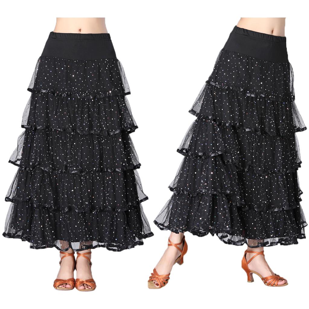 Womens Full Wing Flamenco Ballroom Modern Dance Skirt Full Swing Mesh Skirts