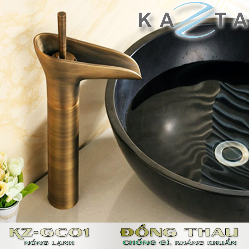 Vòi lavabo nóng lạnh KAZTA KZ-GC01 thác nước đồng thau giả cổ kèm 2 dây cấp nước nóng lạnh