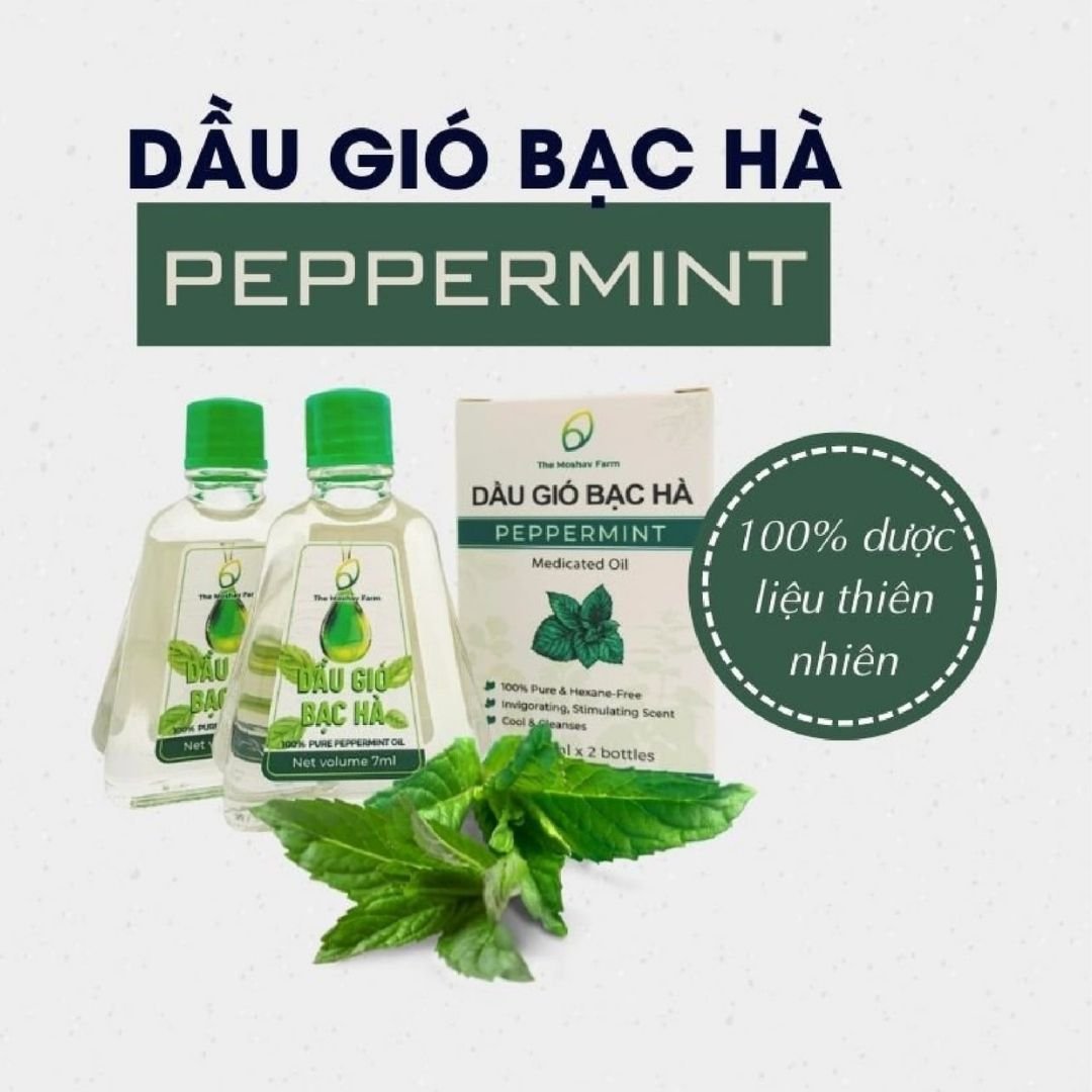 Dầu Gió Bạc Hà The Moshav Farm Chiết Xuất Hoàn Toàn Từ Thiên Nhiên Hộp Hai Chai 7 ml Giải Trừ Ngạt Mũi Giải Cảm Đau Đầu Cảm Lạnh Đau Nhức Xương Vết Côn Trùng Cắn