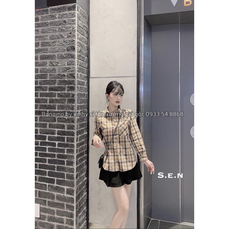 Áo sơ mi nữ dài tay kẻ sọc caro dáng xuông phối túi ngực thời trang  3915