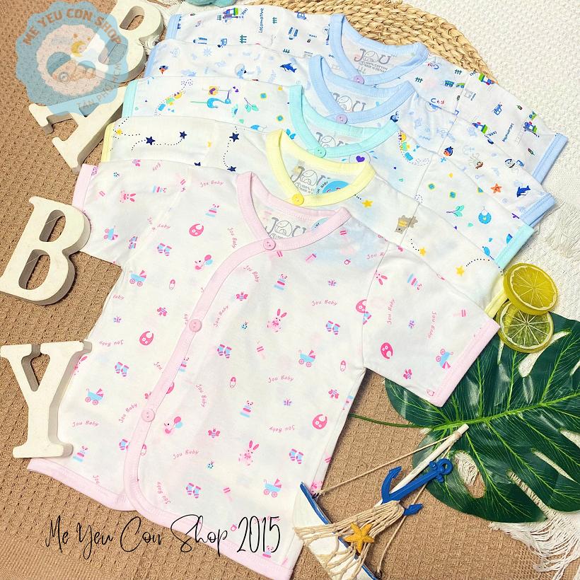 (J10TN) Áo Cài Xéo Họa Tiết Ngắn Tay Chất Cotton Cho Bé Sơ Sinh 3-9kg - Hãng JOU - HỒNG ((HỌA TIẾT )