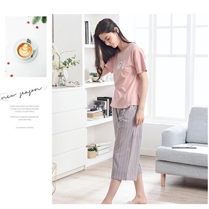 Bộ lửng nữ thun cotton hồng nude họa tiết quần kẻ