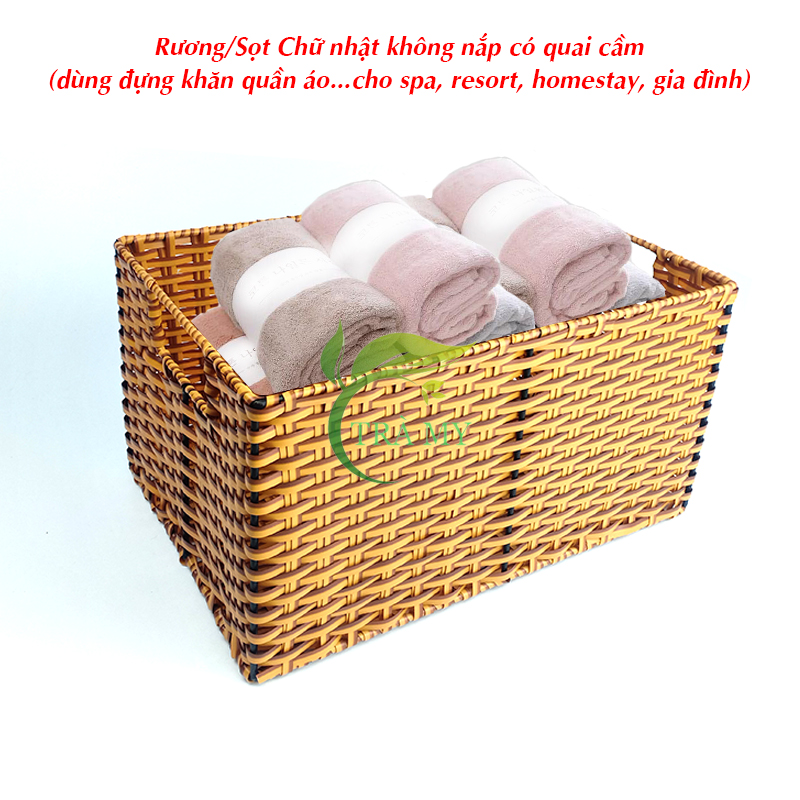 Rương chữ nhật nhựa giả mây không nắp có quai cầm đựng khăn tắm quần áo spa thẩm mỹ resort homestay