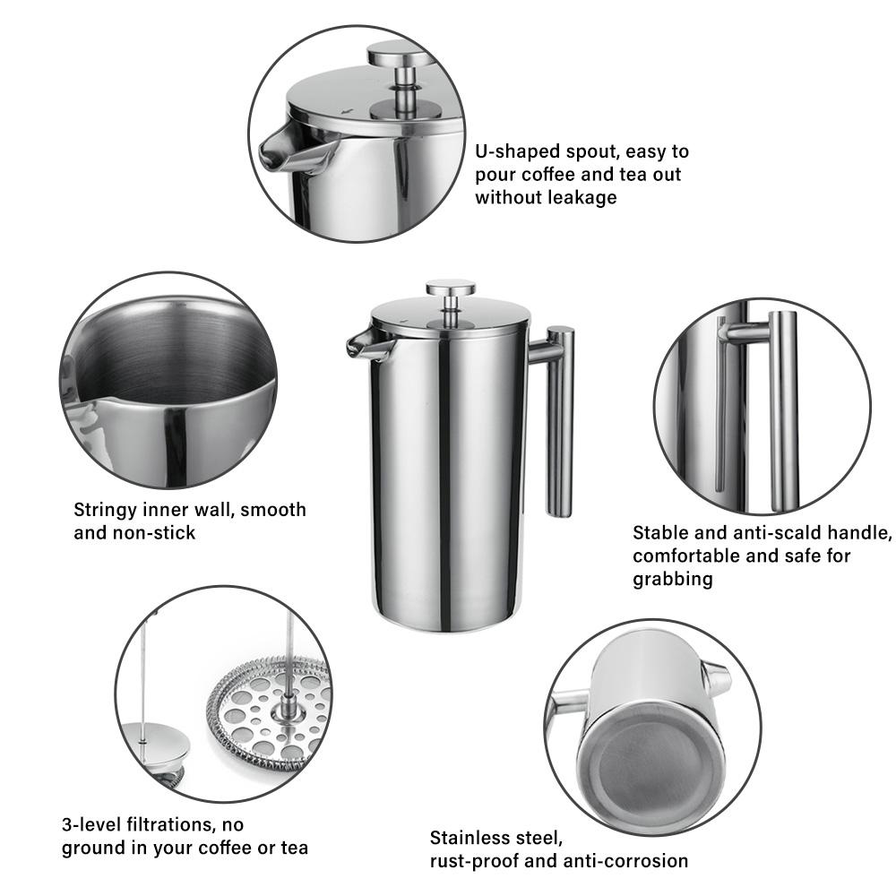 Máy Ép Cà Phê Bằng Thép Không Gỉ 800Ml 3 Bộ Lọc Chống Bỏng Chống Gỉ