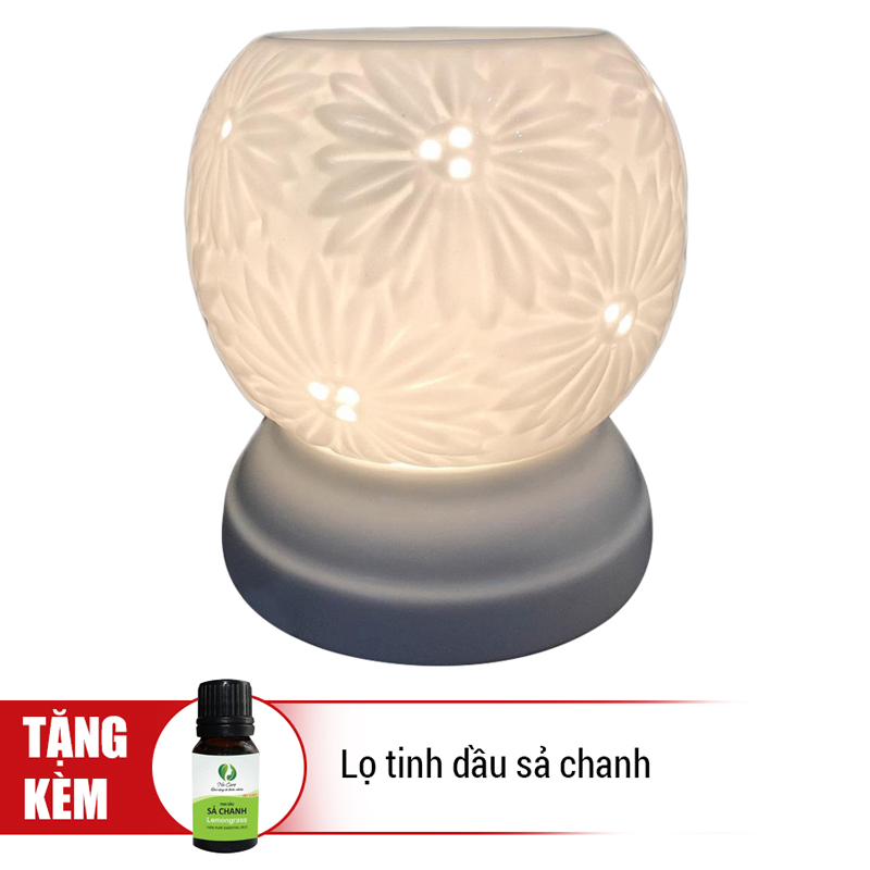 Đèn Xông Tinh Dầu Gốm Bát Tràng Hướng Dương + Tặng 01 Lọ Tinh Dầu Sả Chanh (10mL) - Hàng Chính Hãng