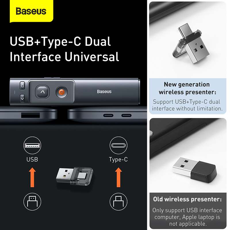 Bút trình chiếu Baseus Orange Dot Laser đỏ điều khiển không dây USB/Type-C cho Laptop/MacBook - Hàng Chính Hãng